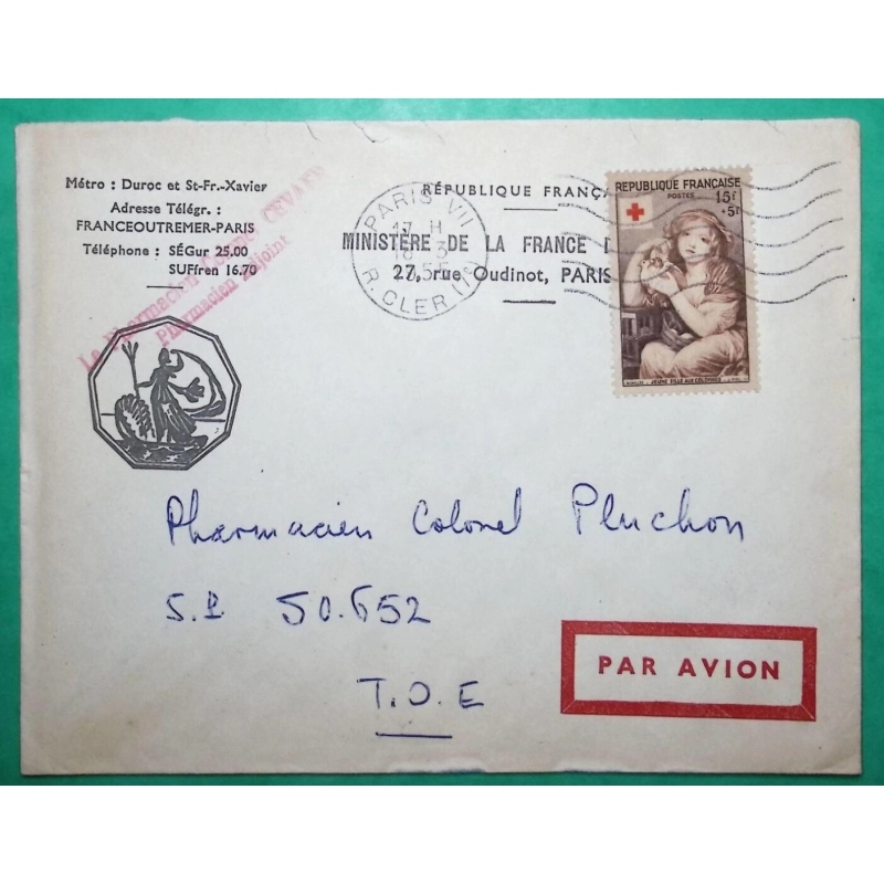 N°1007 JEUNE FILLE AUX COLOMBES CROIX ROUGE SEUL SUR LETTRE PAR AVION PARIS POUR TOE TAHITI 1955 COVER FRANCE