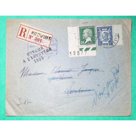 N°170 + 209 PASTEUR RONSARD RECOMMANDE PROVINS SEINE ET MARNE POUR LUISETAINES RETOUR ENVOYEUR 1325 DONNEMARIE 1924