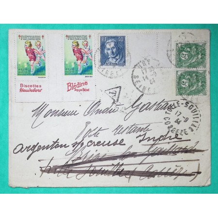 N°111 x2 + 295 BLANC JACQUARD VIGNETTE TUBERCULOSE BLEDINE + SAUVEGARDE ART FRANCAIS VERSO 1934