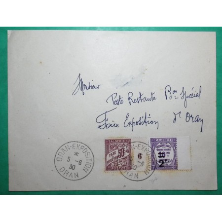 TIMBRES TAXES 50C DUVAL ALGERIE MILLESIME 6 + TAXE RECOUVREMENT SURCHARGE 2F ORAN EXPOSITION 1930 COVER FRANCE