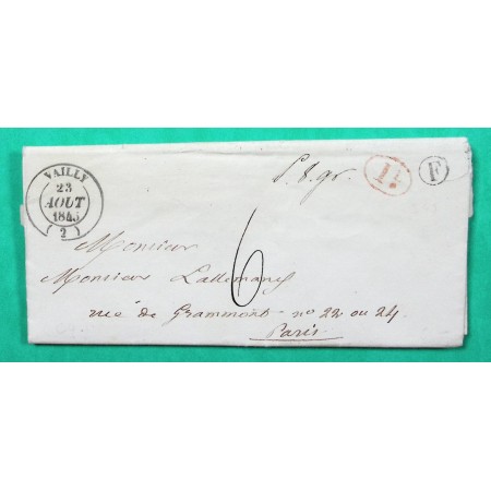 CAD TYPE 14 VAILLY AISNE DECIME + BOITE RURALE F TAXE DOUBLE PORT 6 MANUSCRITE  POUR PARIS 1845