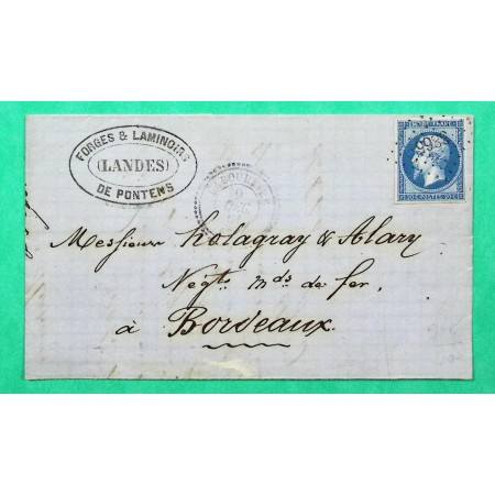 N°14B PC 3865 CAD TYPE 22 LABOUHEYRE LANDES POUR BORDEAUX GIRONDE 1861