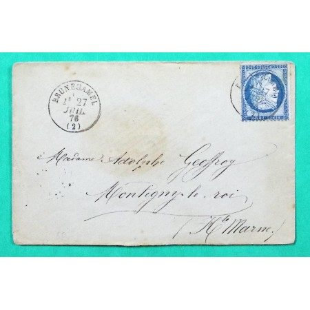 N°60A OBLITERATION CAD TYPE 16 BRUNEHAMEL AISNE POUR MONTIGNY LE ROI HAUTE MARNE 27 JUILLET 1876