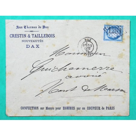 N°60C GC 1283 DAX LANDES ENTETE PUBLICITAIRE AUX THERMES DE DAX CRESTIN TAILLEBOIS CONFECTION 1875
