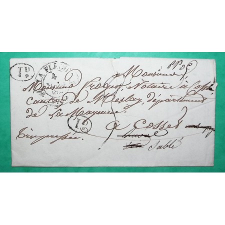 CAD TYPE 12 LA FLECHE SARTHE DECIME RURAL VILLAINES SOUS MALICORNE POUR LAVAL MAYENNE REEXPEDIE SABLE 1833 COVER FRANCE