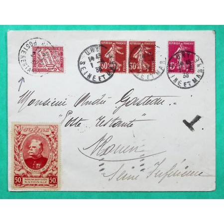 N°278B + 360 x2 SEMEUSE TAXE DUVAL 30C + VIGNETTES JOFFRE SOUSCRIPTION NATIONALE 50C TUBERCULOSE 1938