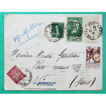 N°343 + 361 ANATOLE FRANCE CHOMEURS INTELLECTUELS SEMEUSE TAXE DUVAL 30C + VIGNETTES TUBERCULOSE RECTO VERSO 1938