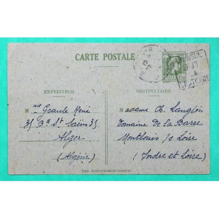 ENTIER MARIANNE ALGER 1F20 ALGER POUR MONTLOUIS SUR LOIRE INDRE ET LOIRE 1944