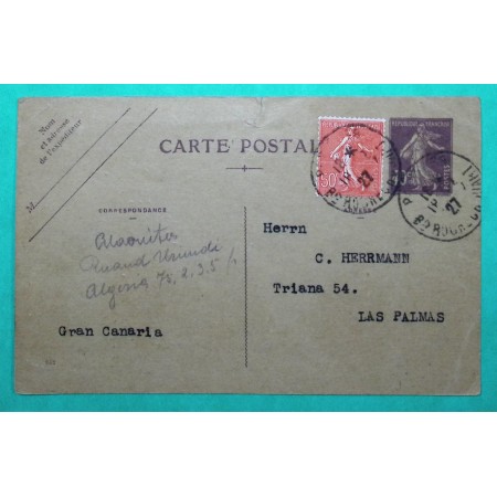 ENTIER 40C SEMEUSE + N°199 CARTE POSTALE PARIS POUR LAS PALMAS CANARIES ESPAGNE 1927