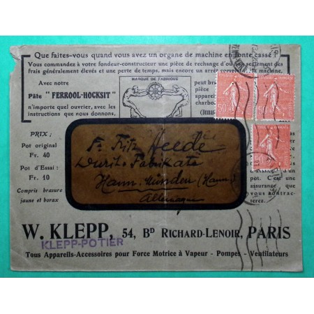 N°199 x3 SEMEUSE BELLE ENVELOPPE PUB ILLUSTREE KLEPP FONDERIE POUR HANN MÜNDEN ALLEMAGNE 1932