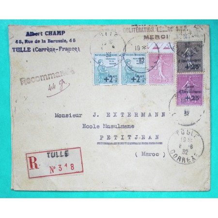 N°163 x2 + 201 + 254 + 267 ORPHELINS DE GUERRE SEMEUSE CAISSE D'AMORTISSEMENT RECOMMANDE TULLE CORREZE POUR PETITJEAN MAROC 1932