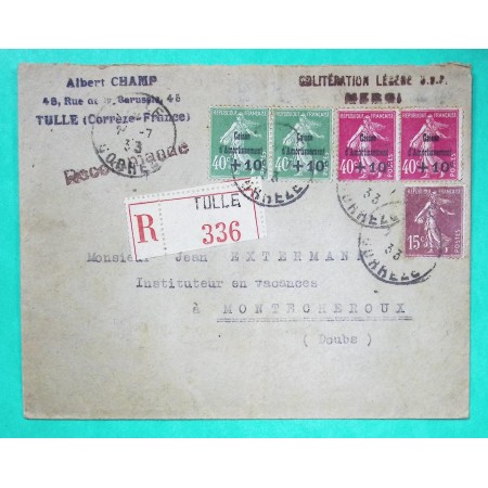 N°189 + 266 x2 + 275 x2 SEMEUSE CAISSE D'AMORTISSEMENT RECOMMANDE TULLE CORREZE POUR MONTECHEROUX DOUBS 1933