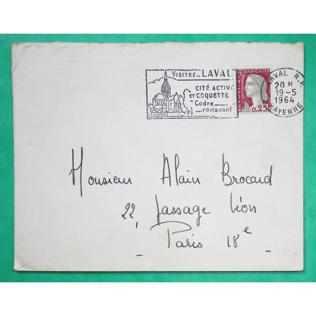 N°1263 MARIANNE DECARIS PREMIER JOUR DU TARIF 25C LETTRE LAVAL MAYENNE 19/05/1964