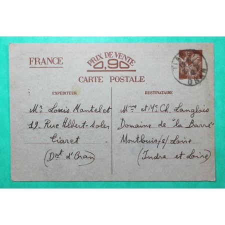 ENTIER IRIS 90C CARTE POSTALE TIARET ORAN ALGERIE POUR MONTLOUIS SUR LOIRE INDRE ET LOIRE 1941 WW2