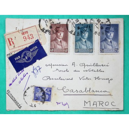 N°434 + 470 + 471 + 473 IRIS PETAIN PIEL RECOMMANDE PAR AVION SETE HERAULT POUR CASABLANCA MAROC 1941