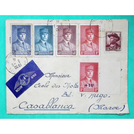 N°470 + 471 + 472 + 473 + 494 + 495 PETAIN PIEL MISTRAL LETTRE AVION PERIGUEUX DORDOGNE POUR CASABLANCA MAROC 1941