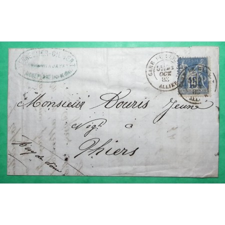 N°90 SAGE CAD TYPE 18 GARE DE GANNAT ALLIER POUR THIERS PUY DE DOME 1883 LETTRE COVER FRANCE