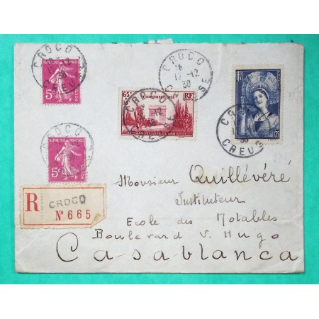 N°278B x 2 + 388 + 403 SEMEUSE CHAMPENOISE ARC DE TRIOMPHE 11 NOVEMBRE RECOMMANDE CROCQ CREUSE POUR CASABLANCA MAROC 1938