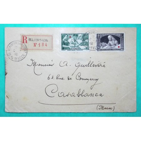 N°459 + 460 AUX PROFIT DES BLESSES CROIX ROUGE RECOMMANDE BEAUVOIR SUR NIORT DEUX SEVRES POUR CASABLANCA MAROC 1940