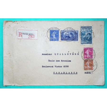 N°235 + 278B + 279 + 402 + 417 SEMEUSE PIERRE MARIE CURIE OEUVRES SOCIALES ETUDIANTS RECOMMANDE POUR CASABLANCA MAROC 1938