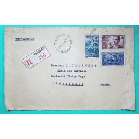 N°402 + 417 + 418 PIERRE MARIE CURIE OEUVRES SOCIALES ETUDIANTS RADIO AVEUGLES RECOAMMANDE POUR CASABLANCA MAROC 1939
