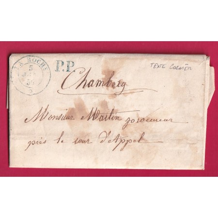 CAD SARDE LA ROCHE SUR FORON EN BLEU HAUTE SAVOIE + PP EN BLEU TEXTE CORNIER TAXE 2 BLEU FABRICATION LOCALE AU DOS POUR CHAMBERY