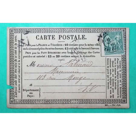 N°65 SAGE 10C VERT TYPE I CARTE PRECURSEUR PARIS LES TERNES 1876