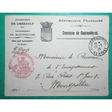 BELLE ENVELOPPE FRANCHISE MAIRIE DE COURNONTERRAL HERAULT POUR MONTPELLIER 1915 WW1 LETTRE COVER FRANCE