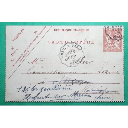 ENTIER MOUCHON 15C CARTE LETTRE CONVOYEUR LIGNE CREIL A PARIS ST.O. POUR MOUY OISE REEXP NOGENT SUR MARNE 1903 FRANCE