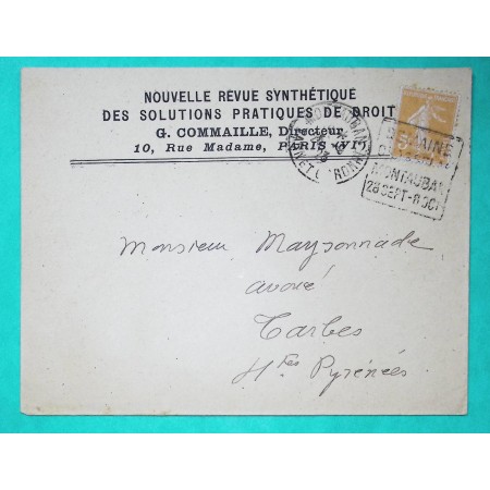 N°158 SEMEUSE DAGUIN SEMAINE CHASSELAS MONTAUBAN 28 SEPT 8 OCT POUR TARBES HAUTES PYRENEES 1923 RARE