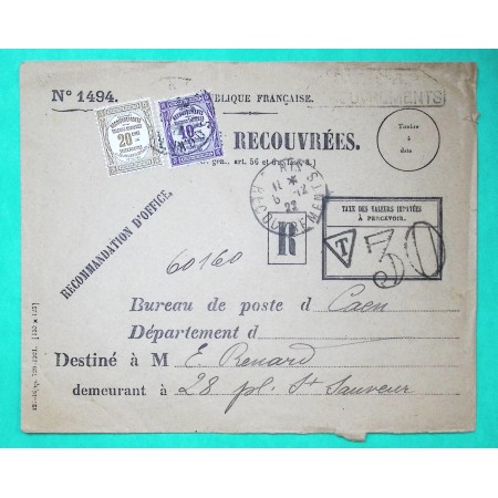 ENVELOPPE PARIS 20 +10 TIMBRE RECOUVREMENTS TAXE TAMPON 30 REUTILISATION 1878 RECOMMANDE 1922