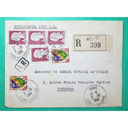 N°1232 x2 + 1263 x4  ARMOIRIES ALGER MARIANNE DECARIS RECOMMANDE NOHIC TARN ET GARONNE 1961