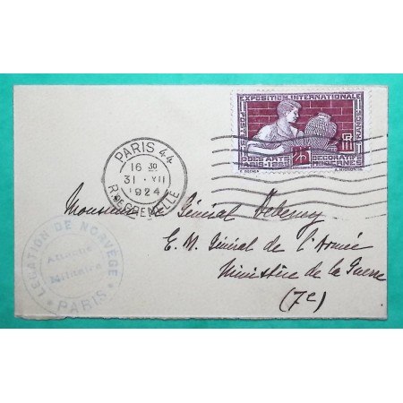 N°212 EXPO INTERNATIONALE 1925 SEUL SUR LETTRE MIGNONETTE LEGATION DE NORVEGE ATTACHE MILITAIRE PARIS 1924 COVER FRANCE