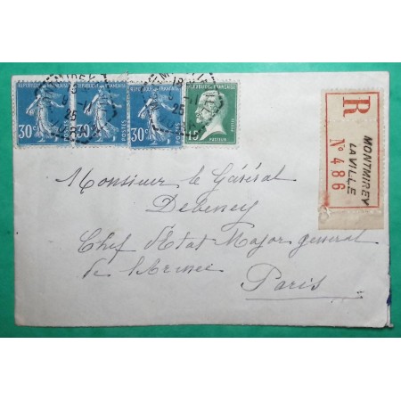N°171 + 192 x3 MIXTE PASTEUR SEMEUSE RECOMMANDE CAD PERLE MONTMIREY LA VILLE JURA POUR PARIS 1925 LETTRE COVER FRANCE