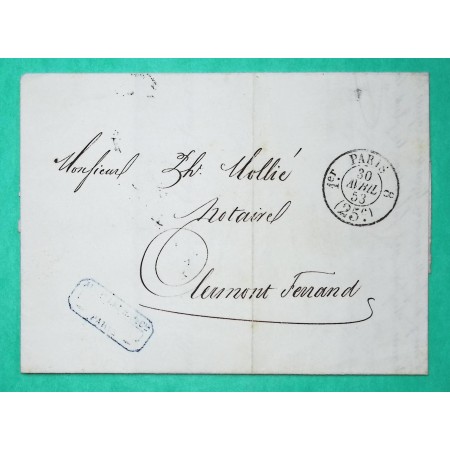 CACHET TAXE PARIS 1er 8ème ROUTE 25C POUR CLERMONT FERRAND PUY DE DOME 1853