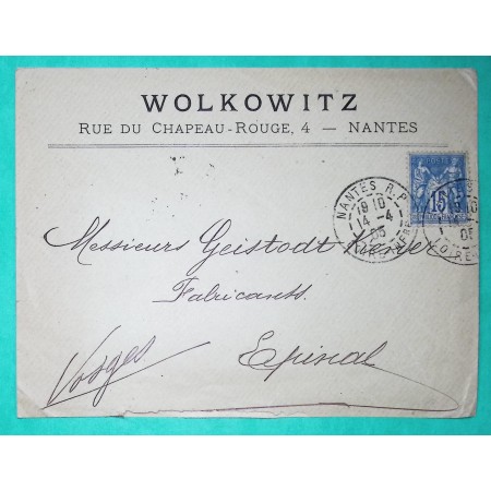 N°90 SAGE CAD TYPE A NANTES RP LOIRE INFERIEURE POUR EPINAL VOSGES 1905