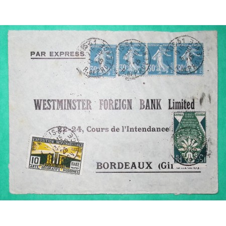 N°192 x4 + 210 + 211 SEMEUSE ARTS DECORATIFS LEVEE EXCEPTIONNELLE EXPRESS PARIS POUR BORDEAUX DEVANT DE LETTRE 1925