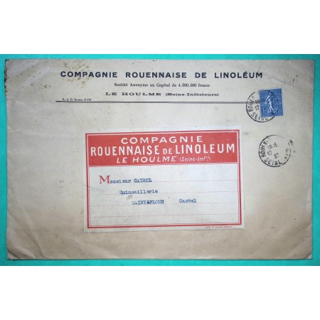 N°205 SEMEUSE ENVELOPPE PUB COMPAGNIE ROUENNAISE EDE LINOLEUM LE HOULME SEINE INFERIEURE 1927