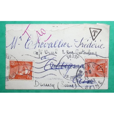 N°885 MARIANNE DE GANDON MIGNONETTE TAXE GERBES 10F DEPART GRENOBLE ISERE POUR DRANCY SEINE 1953 LETTRE COVER FRANCE