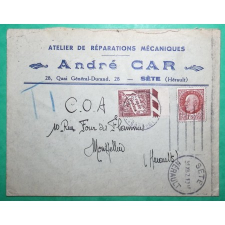 N°517 PETAIN BERSIER + TAXE DUVAL 1F BDF ENVELOPPE ENTETE REPARATIONS MECANIQUES ANDRE CAR SETE HERAULT 1942 FRANCE