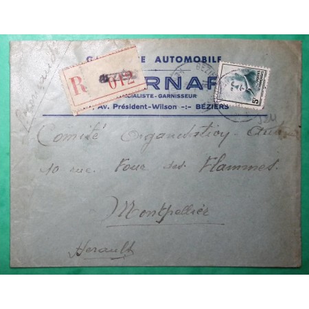 N°524 5F PETAIN MAZELIN SEUL SUR LETTRE RECOMMANDE PUB AUTOMOBILE BEZIERS HERAULT POUR MONTPELLIER 1943 COVER FRANCE