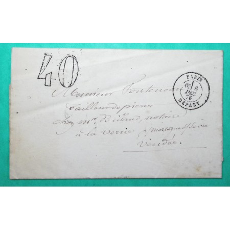 LETTRE MINISTERE DES FINANCES CAD PARIS DEPART TAXE TAMPON 40 POUR LA VERRIE VENDEE 1876