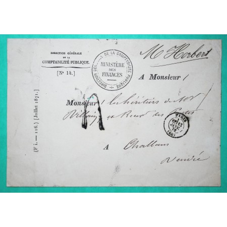 LETTRE MINISTERE DES FINANCES PARIS TAXE TAMPON 4 POUR CHALLANS VENDEE 1872