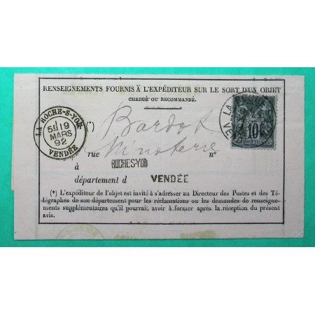 N°89 SAGE AVIS D'EXPEDITION LA ROCHE SUR YON VENDEE CAD TYPE 18 + A 1892
