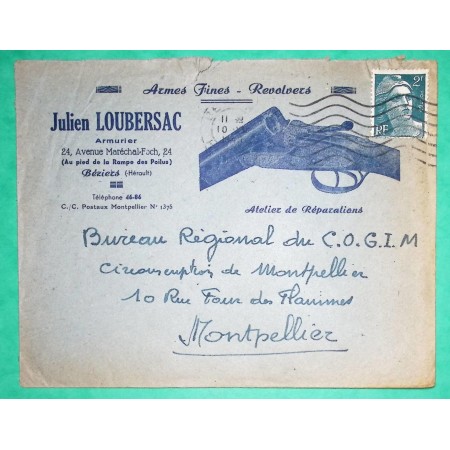 N°713 MARIANNE DE GANDON BELLE ENVELOPPE PUB ILLUSTREE ARMES FINES REVOLVERS BEZIERS HERAULT POUR MONTPELLIER FRANCE