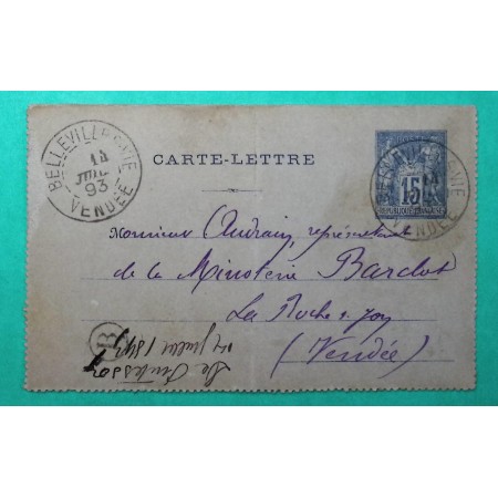 ENTIER SAGE 15C BLEU CAD TYPE A BELLEVILLE SUR VIE VENDEE BOITE RURALE B PUYTESSON POUR LA ROCHE SUR YON 1893