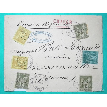 N°75 + 82 x3 + 92 x2 SAGE LETTRE CHARGE CHALLANS VENDEE POUR MONTMORILLON VIENNE 1886