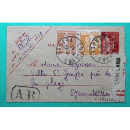 ENTIER PAIX 50C ROUGE + N ° 235 + 286 SEMEUSE RECOMMANDE TARIF 1F75 CHALLANS VENDEE 1935