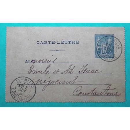 ENTIER 15C BLEU SAGE  CAD TYPE A EL MILIA CONSTANTINE ALGERIE 1886