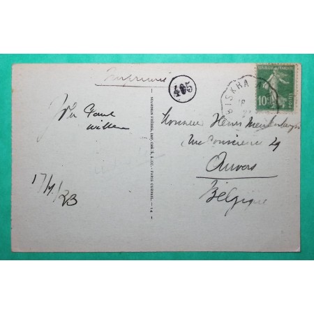 N°159 SEMEUSE CONVOYEUR LIGNE BISKRA A BATNA CARTE POSTALE POUR ANVERS BELGIQUE 1923